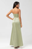 Dusty Sage Mermaid Strapless Floor Length Satin Bridesmaid Dress