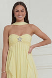 Strapless Halter Daffodil A Line Ruffled Long Wedding Guest Dress