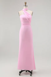 Simple Blush Sheath Backless Halter Chiffon Long Bridesmaid Dress