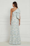 Blue White Flower Mermaid One Shoulder Print Long Bridesmaid Dress with Bow