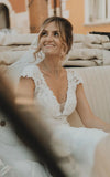 Sheath V neck Chiffon Modern Wedding Dress With Short Sleeve And Sweep Train