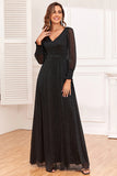 Black A Line V Neck Chiffon Evening Dress With Long Sleeves