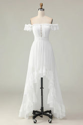 White A Line Off The Shoulder High Low Cut Out Wedding Dress with Ruffles