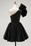 Black A Line Satin One Shoulder Mini Cocktail Dress