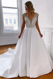 A Line V Neck Long White Wedding Dress with Silver Beads
