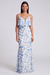 Light Blue Floral Spaghetti Straps Mermaid Maxi Dress
