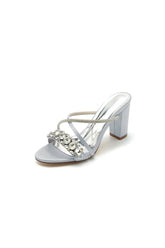 Silver Satin High Heels with Crystal and Metal Embellishments