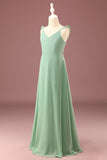 A line Long Chiffon Matcha V neck Spaghetti Straps Junior Bridesmaid Dress
