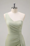 Sage Mermaid One Shoulder Ruched Side Overskirt Long Bridesmaid Dress With Slit