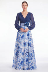 A Line Blue Flower V Neck Mother of the Bride Dress with Long Sleeves