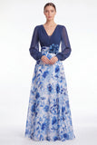 A Line Blue Flower V Neck Mother of the Bride Dress with Long Sleeves