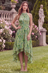 Halter A Line High Low Sage Flower Wedding Guest Dress
