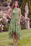 Halter A Line High Low Sage Flower Wedding Guest Dress
