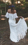 Boho Off Shoulder Sheath Scalloped Lace Wedding Dress With Long Train