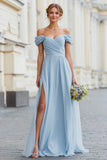 Sky Blue Off The Shoulder Chiffon A Line Bridesmaid Dress with Slit