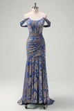 Grey Blue Mermaid Off The Shoulder Ruched Burnout Velvet Maxi Bridesmaid Dress