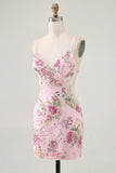 Pink Spaghetti Straps Short Floral Tight Homecoming Dress with Lace Up Back