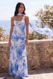 Strapless Blue Flower Wedding Guest Dress with Scarf