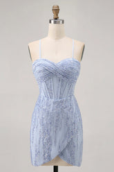 Sparkly Grey Blue Bodycon Sequins Corset Short Homecoming Dress