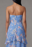 Floral Blue Strapless Tiered A Line Wedding Guest Dress