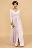 A Line V Neck Long Sleeves Chiffon Bridesmaid Dress with Slit