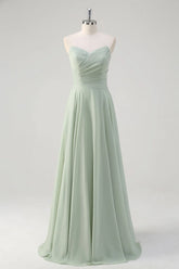Matcha A Line Strapless Ruched Chiffon Backless Long Bridesmaid Dress