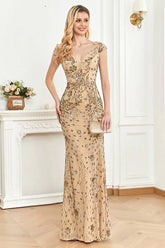 Sparkly Golden Sheath V Neck Long Formal Dress with Beading