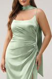 Sage Sheath Spaghetti Straps Streamer Long Satin Plus Size Bridesmaid Dress with Slit