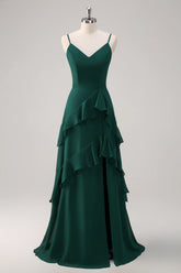Dark Green A Line Spaghetti Straps Ruffled Chiffon Floor Length Bridesmaid Dress with Slit
