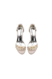 Satin Block Heel Sandal Featuring Delicate Floral Rhinestone Decorations