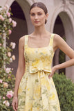 Yellow A Line Floral Bridesmaid Dress with Bow