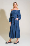 ARTISTIC IMPULSE LONG SLEEVE OFF THE SHOULDER DENIM MIDI DRESS