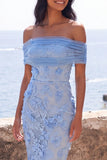Off the Shoulder Applique Mermaid Blue Wedding Guest Dress