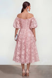 Floral Pink Off the Shoulder A Line Midi Wedding Guest Dress