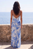 Blue Flower Spaghetti Straps Ruffled Sheath Wedding Guest Dress