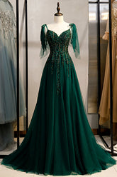 Dark Green A Line Spaghetti Straps Prom Dress with Beading