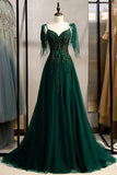 Dark Green A Line Spaghetti Straps Prom Dress with Beading