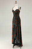 Dark Green Sheath Sweetheart Corset Long Floral Burnout Dress with Slit