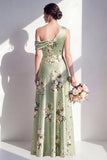 One Shoulder Sage Green A Line Satin Floral Bridesmaid Dress