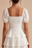 White A Line Tiered Ruffle Square Neck Mini Dress with Puff Sleeves