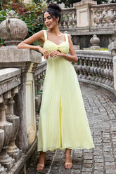 Lemon Yellow A Line Square Neck Keyhole Pleated Midi Dress