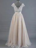 Cap Sleeve V Neck Lace Tulle Wedding Dress With Zipper Back
