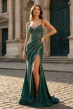 Mermaid Spaghetti Straps Glitter Mermaid Dress with Slit