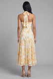 Floral Halter A Line Yellow Wedding Guest Dress