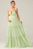 A Line Spaghetti Straps Backless Long Green Bridesmaid Dress With Ruffles