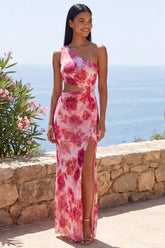Pink One Shoulder Cut Out Floral Wedding Guest Dress with Slit