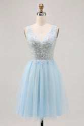 Blue A Line V Neck Floral Appliqued Short Homecoming Dress