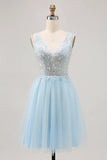 Blue A Line V Neck Floral Appliqued Short Homecoming Dress