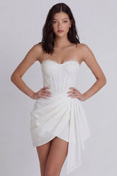 Corset Strapless Ruched Bodycon White Dress with Lace