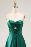 Sage Green A Line Strapless Satin Long Bridesmaid Dress with Lace Up Back